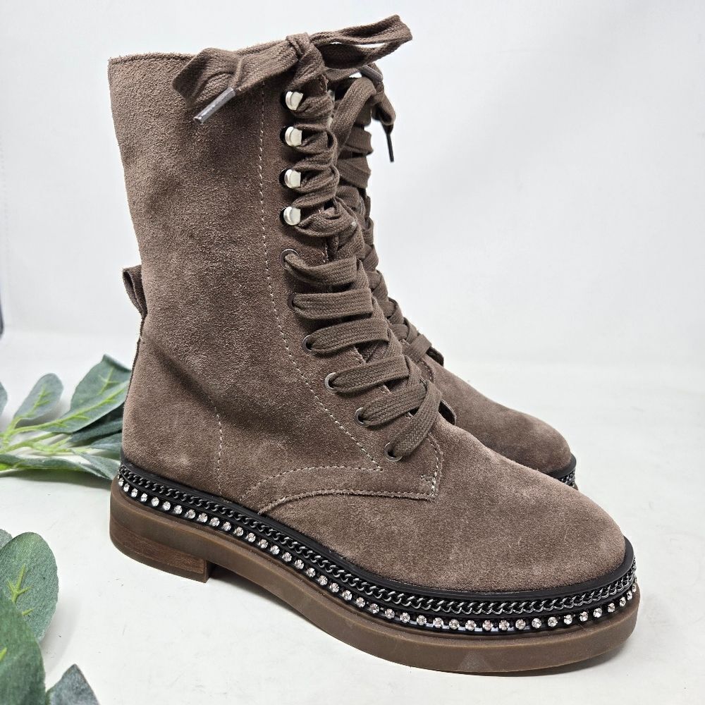 VINCE CAMUTO Branda Tan Suede Moto Combat Boots Chain Rhinestone 6.5 US | 37 EU